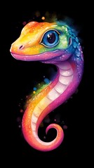 Fototapeta premium A vibrant snake with blue eyes and an elongated tail, dotted with water droplets on its head, against a backdrop of stark blackness