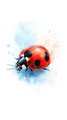 Fototapeta premium A red and black ladybug sits atop a blue and white watercolor sheet