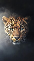 Obraz premium A tight shot of a cheetah's expressive face, its eyes surrounded by smoke against a dark backdrop