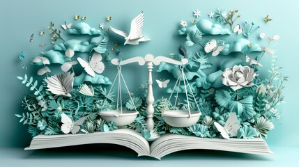 Creative Paper Art Collage Illustrating Work-Life Balance Concept with Nature Elements and Scales