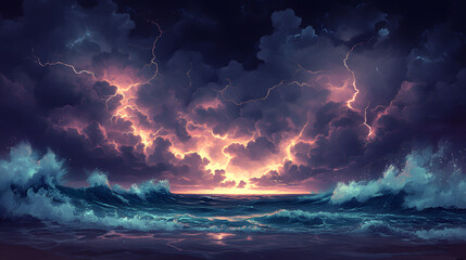 Fototapeta premium An intense illustration of a lightning storm over the ocean, with jagged bolts of lightning illuminating the dark sky and waves crashing against the shore