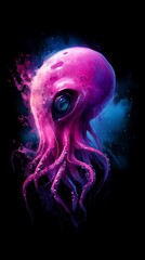  A painting of a pink octopus against a black backdrop, featuring a blue eye in its body