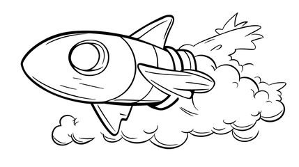 A minimalist rocket soaring through the sky, drawn in a clean cartoon outline. Great for a kids' coloring sheet
