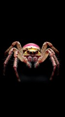 Fototapeta premium A detailed shot of a red and yellow spider against a black backdrop, its reflective eyes visible in the foreground