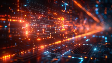 Fototapeta premium Futuristic Digital Background with Glowing Orange and Blue Lights, High-Tech Circuitry, and Cyberpunk Aesthetic