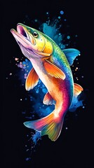 Fototapeta premium A rainbow-hued fish with watercolor splashes covering its body; head lifted high