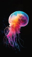 Fototapeta premium Close-up of jellyfish against black backdrop, colored in blue, yellow, and pink schemes