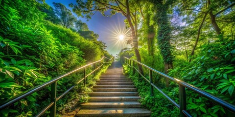 Obraz premium Scenic Stairway Surrounded by Lush Greenery Under a Bright Blue Sky
