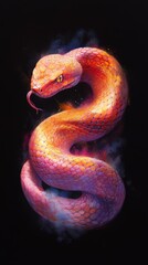Obraz premium Pink-orange snake on black backdrop, emitting smoke from its mouth