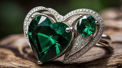 Heart-shaped emerald ring with diamonds on elegant textured background, symbolizing luxury and love.