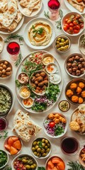 Mediterranean spread with flatbread, dips, and wine.