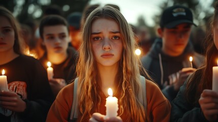 A group of people holding candles in their hands, surrounded by an atmosphere of deep sorrow and grief. The crowd is solemnly praying, with their faces displaying serious and somber expressions.