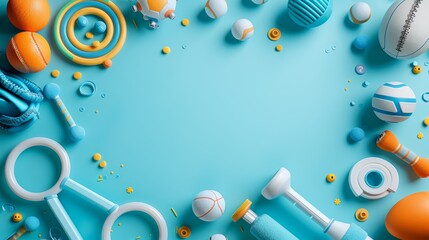 Obraz premium Frame Border with Various Sports Equipment on Pastel Blue Background for Creative and Athletic Designs