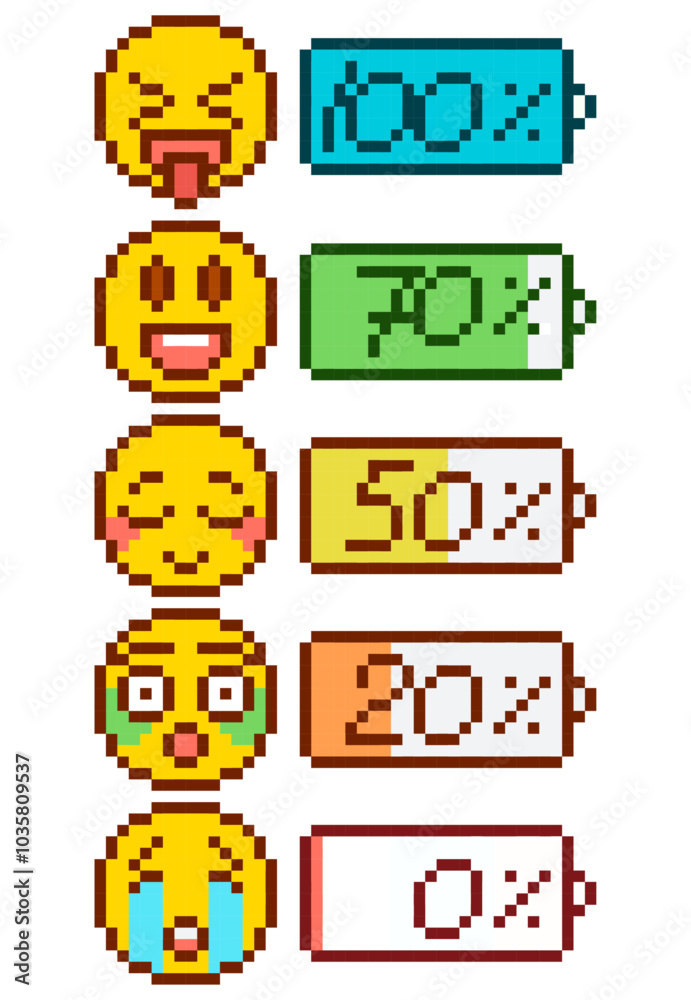 Poster An image of a device charging with emoticons indicating the charge level. Pixel bar with charge level.