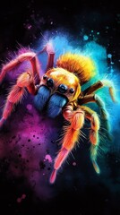  A tight shot of a vibrant spider against a black backdrop, adorned with a paint splatter on its frame