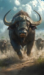 Naklejka premium A charging buffalo herd with dust.