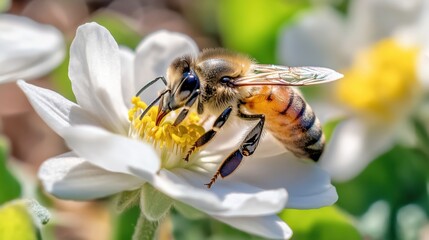 Close-up of a honeybee gathering nectar from a white flower on a warm spring day, bringing the garden to life