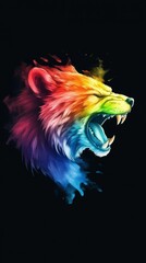 Obraz premium A wolf with an open mouth, its rainbow-painted teeth against a black backdrop