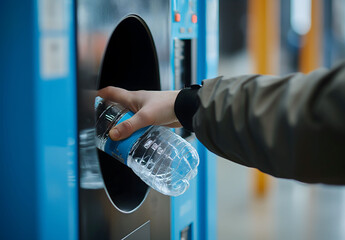 Person deposits plastic bottle into recycling machine,symbolizing environmental responsibility,eco-friendly actions in public spaces like malls or train stations for promoting sustainability efforts