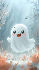 Obraz premium Cute ghost character happily floating in a mystical, foggy forest.