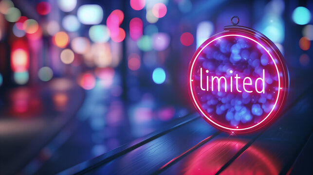 Neon sign displaying the text "Limited," featuring vibrant glowing light effects against a bokeh background. The illumination creates an eye-catching visual, perfect for attracting attention