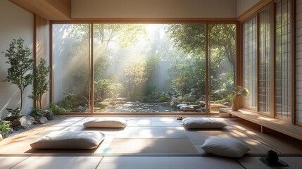 serene minimalist sunroom infused with zen garden elements featuring natural light and calming decor to promote relaxation and mindfulness