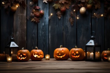Obraz premium Halloween themed wooden backdrop with lantern and pumpkins,ai generated