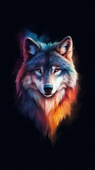 Naklejka premium A wolf's face in close-up against a black backdrop, eyes gleaming with their distinctive hues