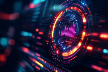 Obraz premium A vibrant visualization of digital data, featuring glowing graphs and circular patterns on a dark background, representing technology and analytics.