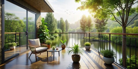 Fototapeta premium Serene Balcony Overlooking Peaceful Pond - Minimalist Photography for Tranquil Nature Scenes