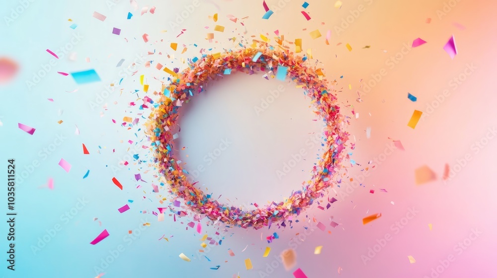 Poster vibrant confetti scattered across a pastel background, creating a festive explosion of color