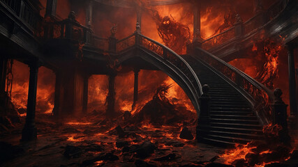Dramatic fiery staircase surrounded by swirling flames and shadowy atmosphere in grand setting.