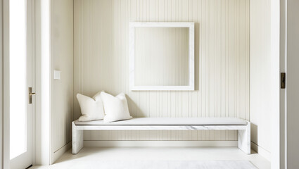 Fototapeta premium Minimalist white hallway with bench, cushions, and square frame on wall