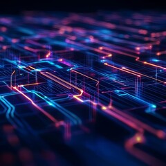 Obraz premium A vibrant, abstract depiction of illuminated circuit patterns, showcasing a futuristic digital landscape filled with glowing lines and nodes.