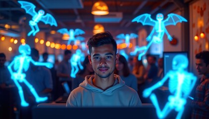 Fototapeta premium Developer at Halloween Party with Holograms