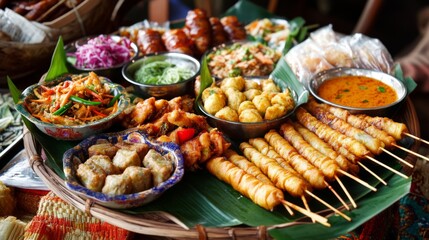 Obraz premium Colorful Array of Traditional Asian Dishes on Platter