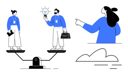 Balance scale with professionals, a man holding a lightbulb, a pointing person, and a cloud. Ideal for teamwork, balance, gender equality, innovation, and business strategy. Modern, minimalistic