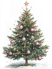 Christmas tree with pink Christmas ornaments and stars on the top, watercolor illustration clipart, white background

