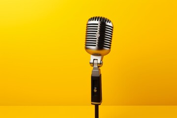 Fototapeta premium retro microphone on yellow background,ai generated