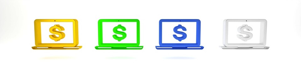 Colorful Laptop with dollar symbol icon isolated on white background. Online shopping concept. Economy concept. Minimalism concept. 3D render illustration