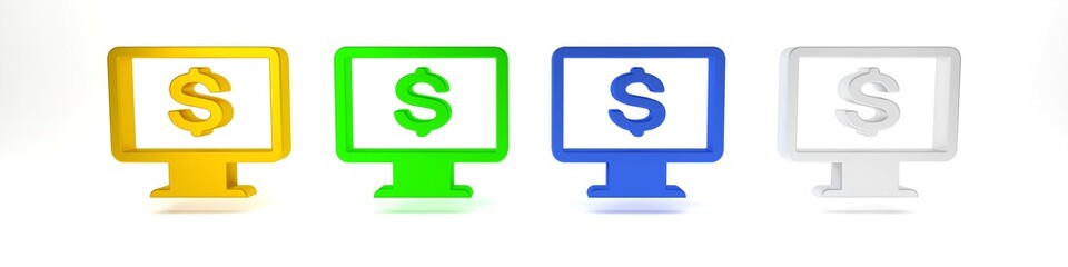 Colorful Computer monitor with dollar icon isolated on white background. Internet financial security concept, online finance protection. Minimalism concept. 3D render illustration