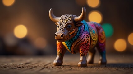Fototapeta premium A colorful bull figurine with intricate patterns stands on a wooden surface against a bokeh background.