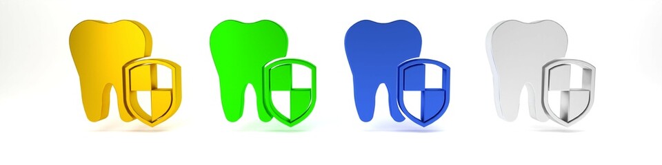 Colorful Dental protection icon isolated on white background. Tooth on shield logo. Minimalism concept. 3D render illustration