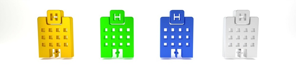 Colorful Medical hospital building with cross icon isolated on white background. Medical center. Health care. Minimalism concept. 3D render illustration