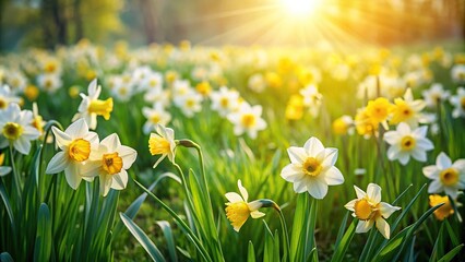 Fototapeta premium Aerial abstract background of blooming summer garden with daffodils and green grass
