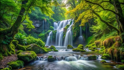 Fototapeta premium Serene Macro Photography of Tranquil Waterfall Surrounded by Lush Green Trees in Nature's Embrace
