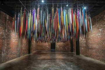 Colorful Leather Strips Hanging From Ceiling in Brick Room