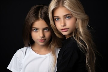 Portrait of two young girls dressed in black and white t-shirts,ai generated