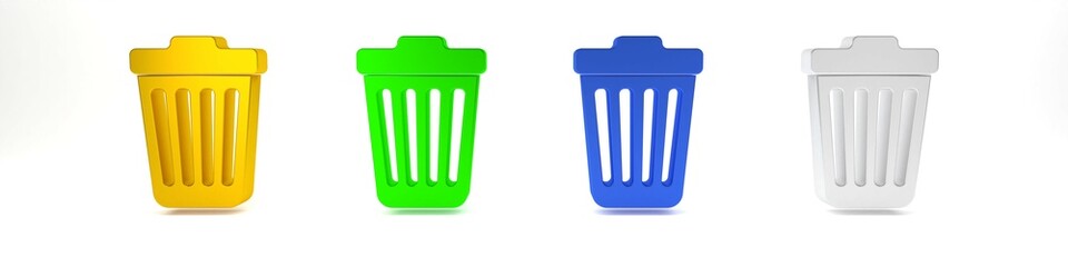 Colorful Trash can icon isolated on white background. Garbage bin sign. Minimalism concept. 3D render illustration