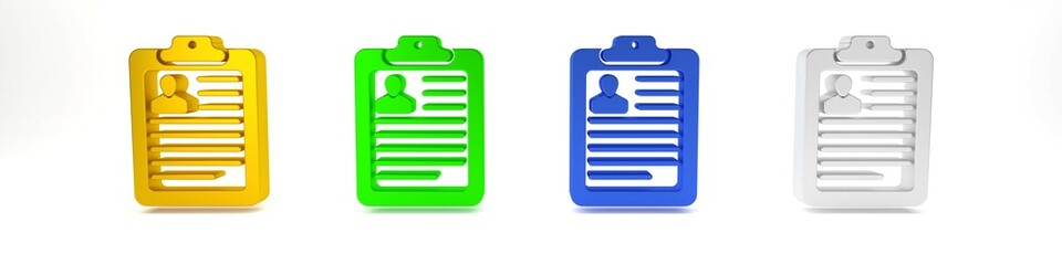 Obraz premium Colorful Clipboard with resume icon isolated on white background. CV application. Curriculum vitae, job application form with profile photo. Minimalism concept. 3D render illustration